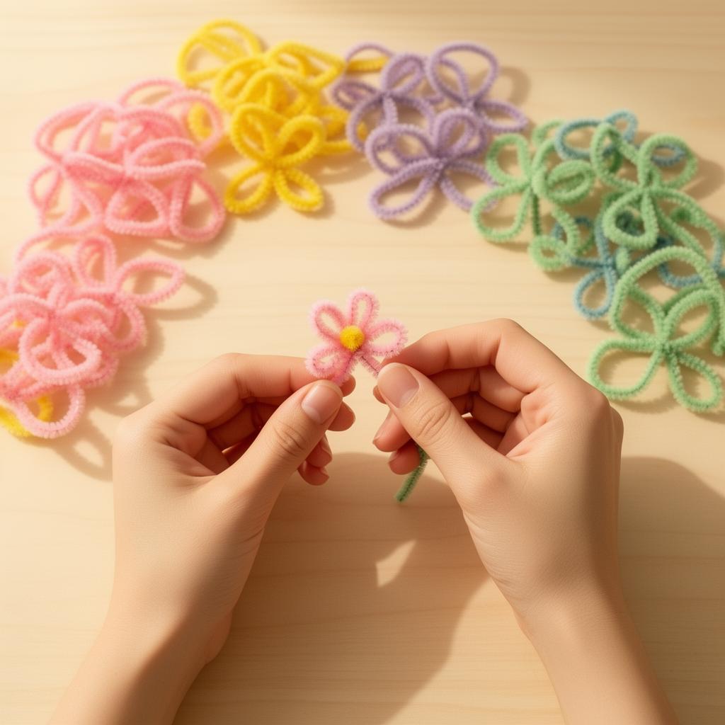 Hands twisting colorful pipe cleaners into a flower on a wooden craft table