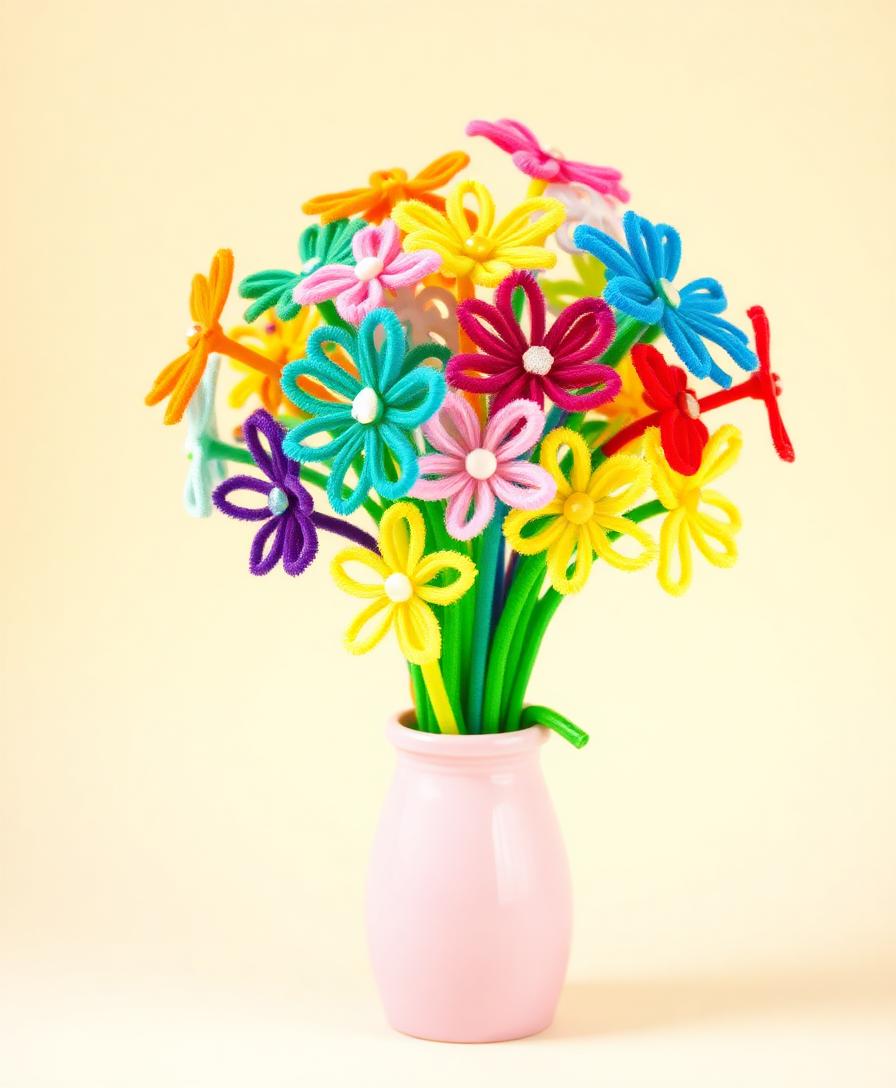 A colorful handmade pipe cleaner flower bouquet in a pink vase