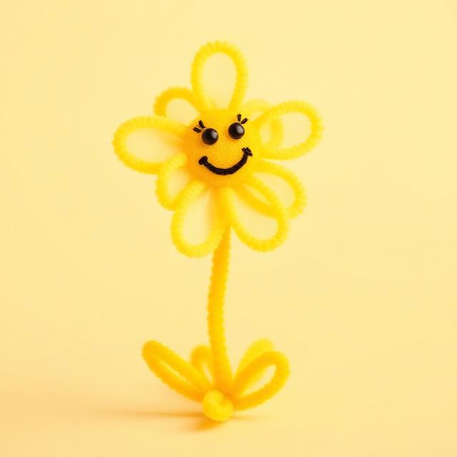 A cheerful pipe cleaner dancing flower with a smiley face